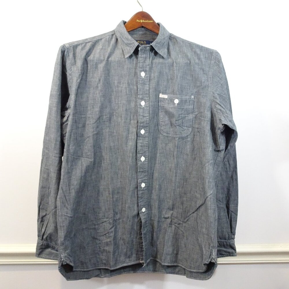 Polo Ralph Lauren Gray Chambray Button Front Shirt Size L Long Sleeve Work Wear